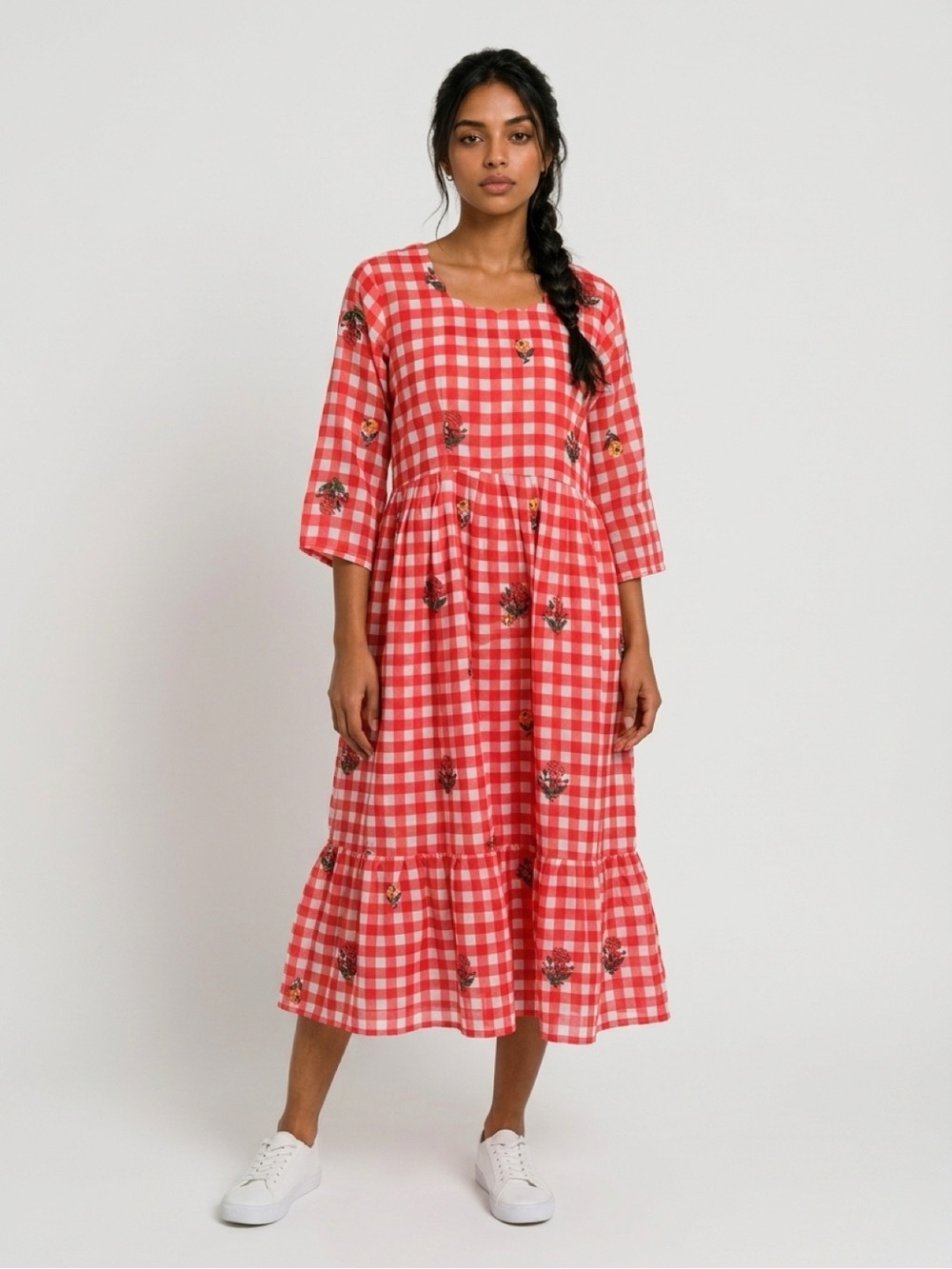 Red Gingham Floral Midi Dress - Women